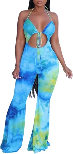 Remelon Womens Spaghetti Strap Halter Tie Dye Print Cut Out Bodycon Bell Flare Pants Club Party One Piece Jumpsuits Rompers