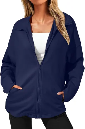 SHEWIN Womens Zip Up Sweatshirt Long Sleeve Oversized Sweatshirts With Pockets Fall Outfit Clothes 2024