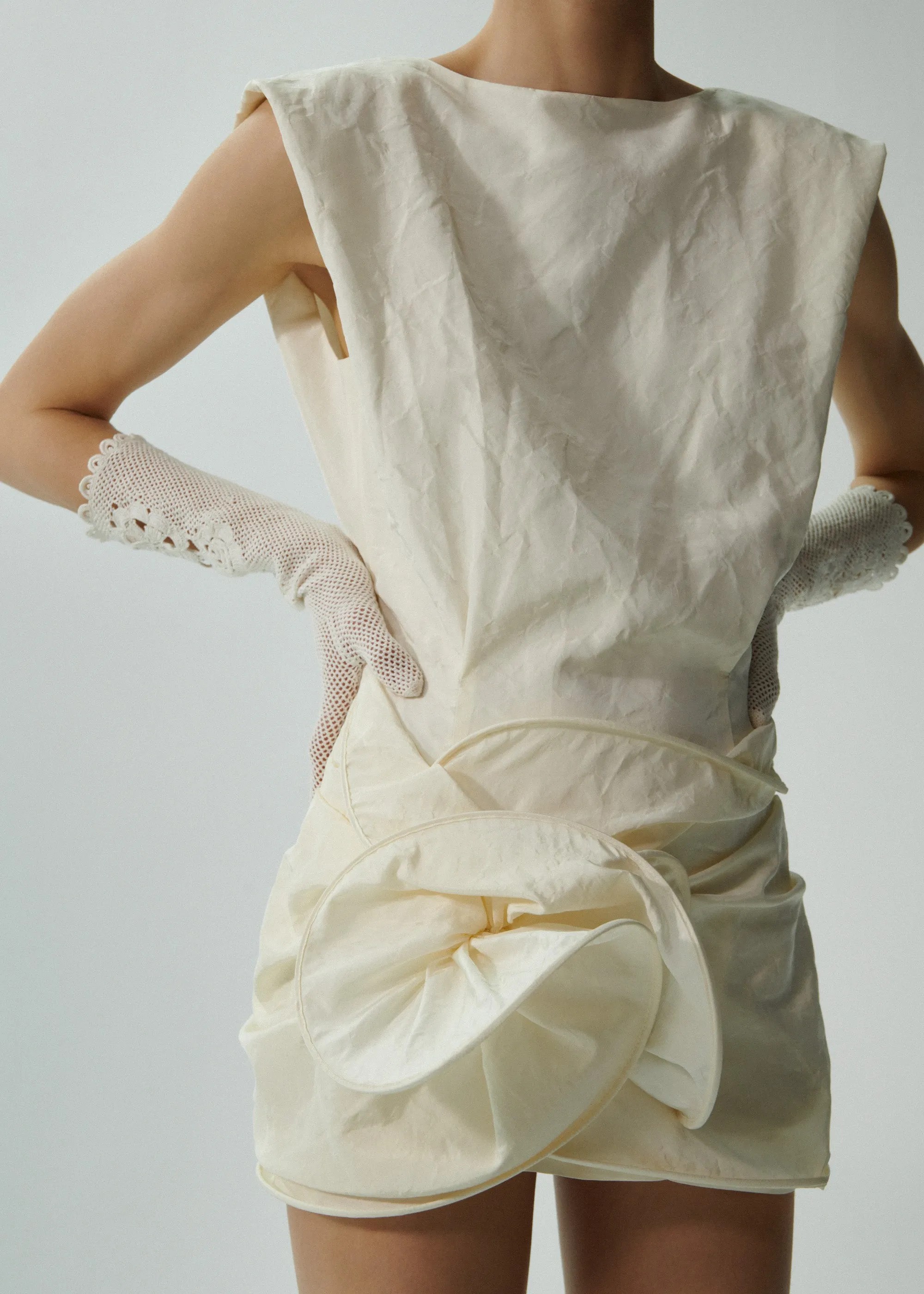 Sleeveless crinkle silk mini dress in cream