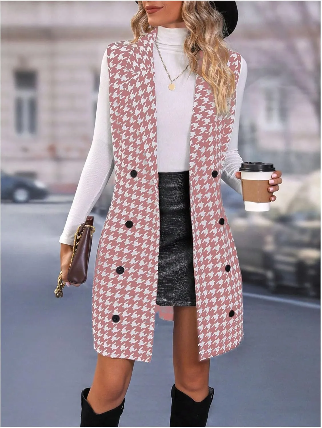 SOLY HUX Women's Plaid Houndstooth Print Blazer Long Vest Top Sleeveless Cardigan Jacket
