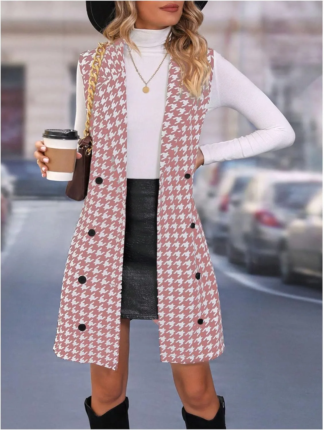 SOLY HUX Women's Plaid Houndstooth Print Blazer Long Vest Top Sleeveless Cardigan Jacket