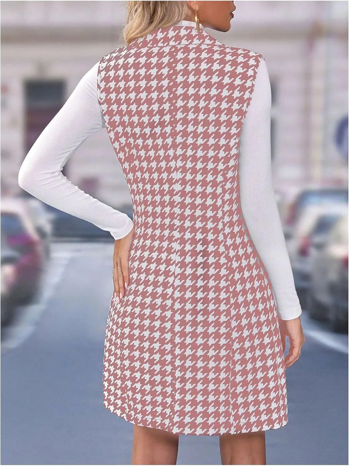 SOLY HUX Women's Plaid Houndstooth Print Blazer Long Vest Top Sleeveless Cardigan Jacket