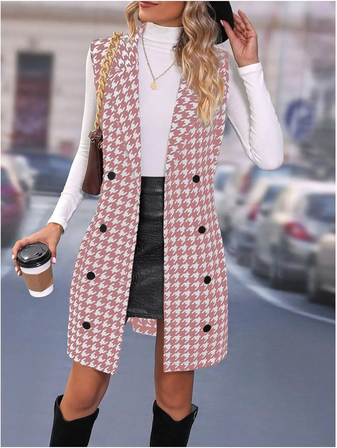 SOLY HUX Women's Plaid Houndstooth Print Blazer Long Vest Top Sleeveless Cardigan Jacket
