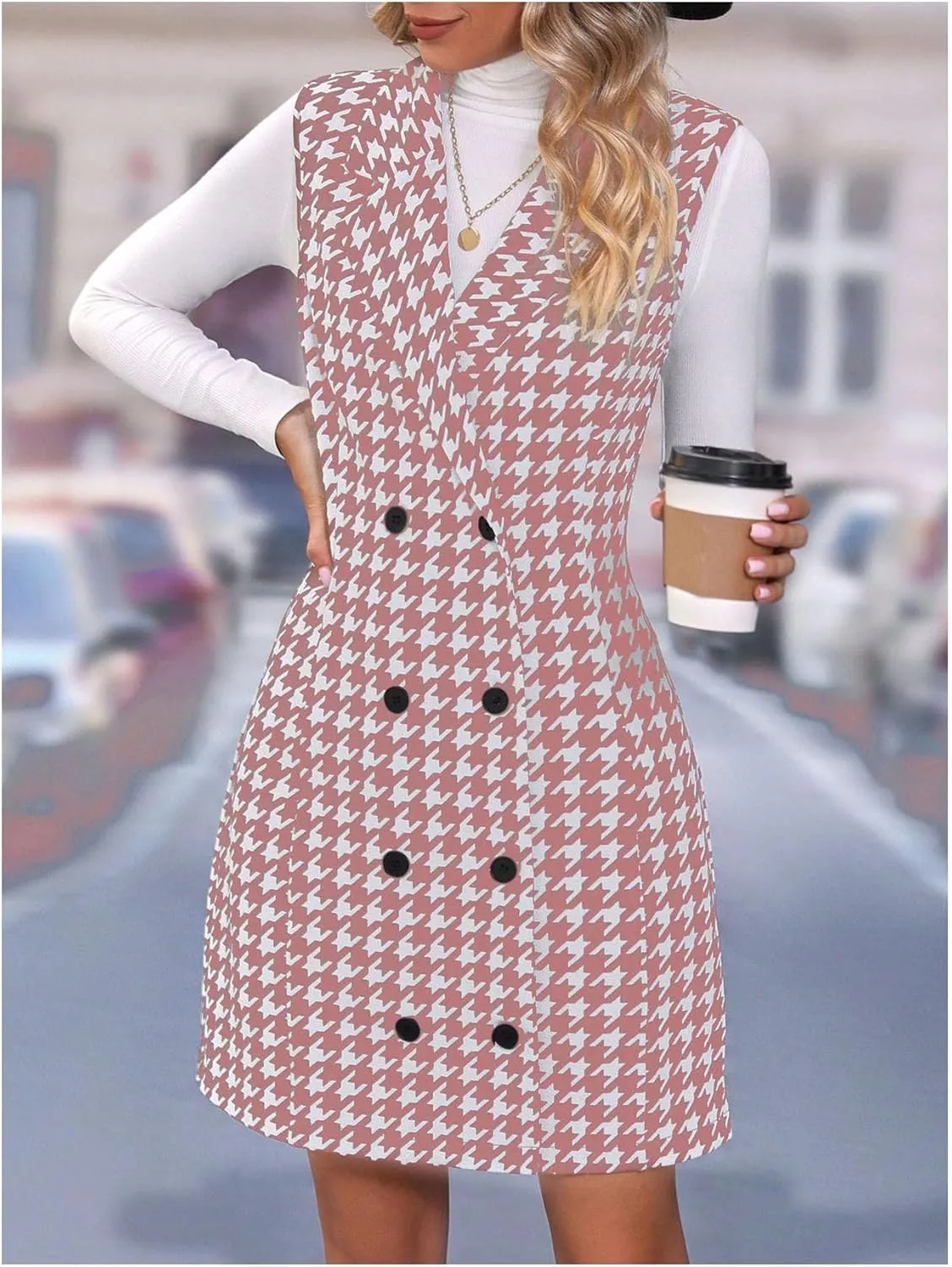 SOLY HUX Women's Plaid Houndstooth Print Blazer Long Vest Top Sleeveless Cardigan Jacket