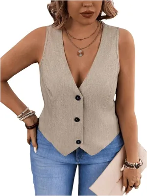 SOLY HUX Women's Plus Size Button Up Suit Vest Blazer V Neck Sleeveless Waistcoat