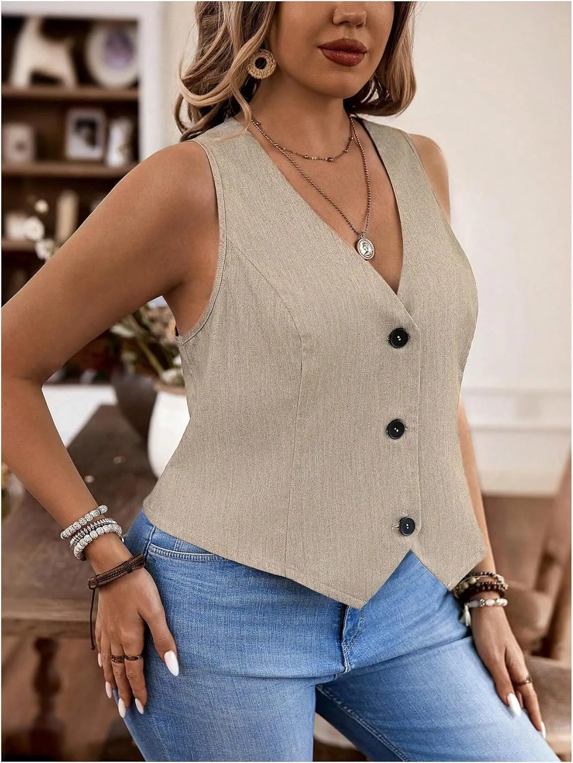 SOLY HUX Women's Plus Size Button Up Suit Vest Blazer V Neck Sleeveless Waistcoat