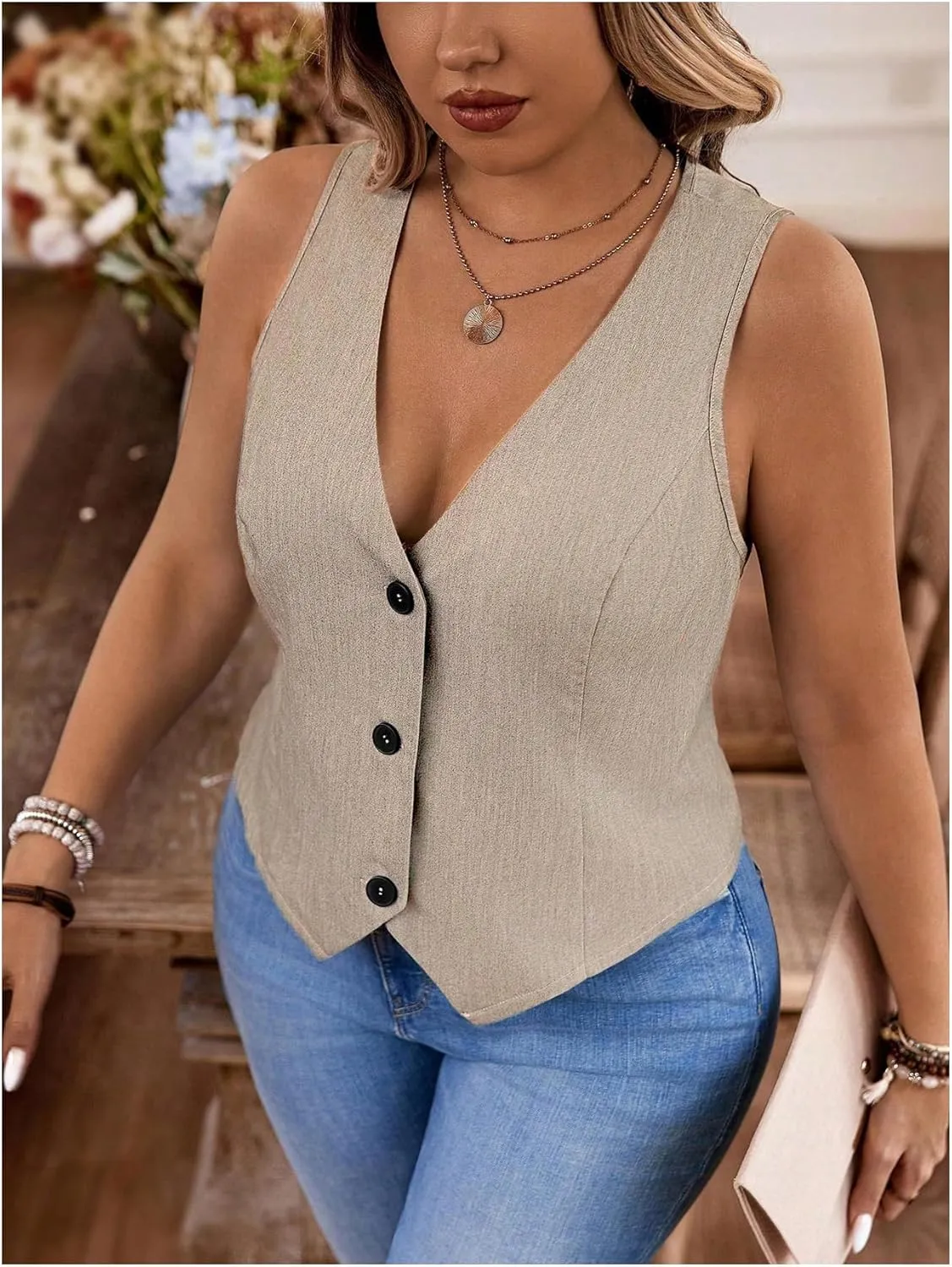 SOLY HUX Women's Plus Size Button Up Suit Vest Blazer V Neck Sleeveless Waistcoat