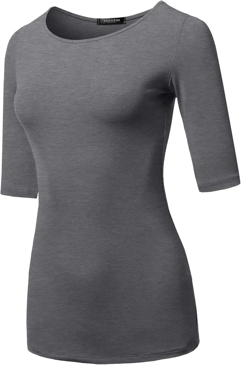 SSOULM Women's Basic Stretchy 1/2 Sleeve Crewneck Slim Fit T-Shirt Top with Plus Size