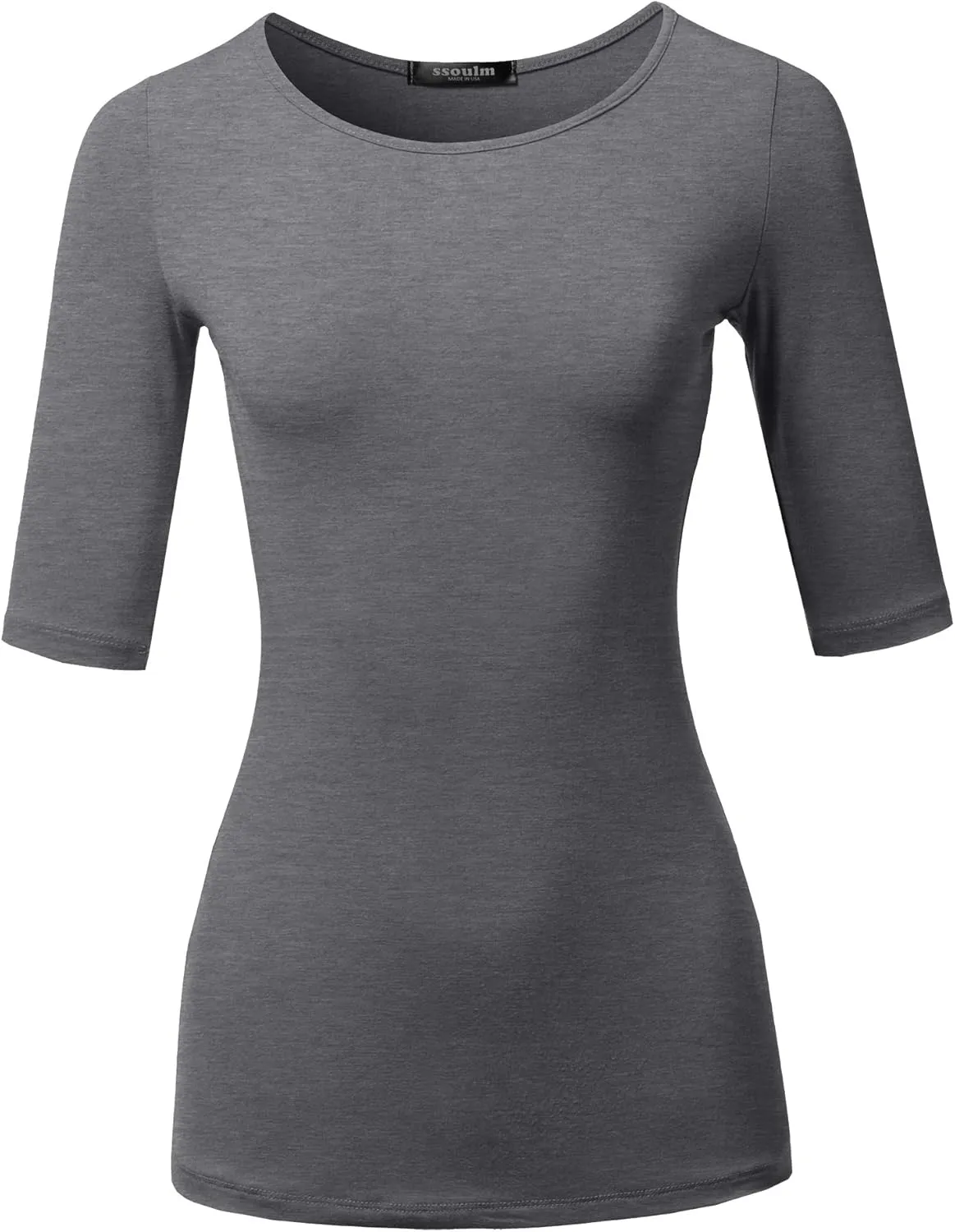SSOULM Women's Basic Stretchy 1/2 Sleeve Crewneck Slim Fit T-Shirt Top with Plus Size