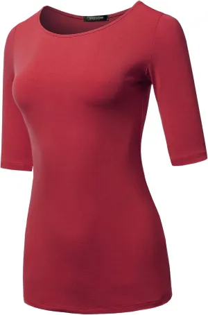 SSOULM Women's Basic Stretchy 1/2 Sleeve Crewneck Slim Fit T-Shirt Top with Plus Size
