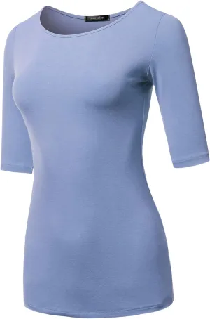 SSOULM Women's Basic Stretchy 1/2 Sleeve Crewneck Slim Fit T-Shirt Top with Plus Size