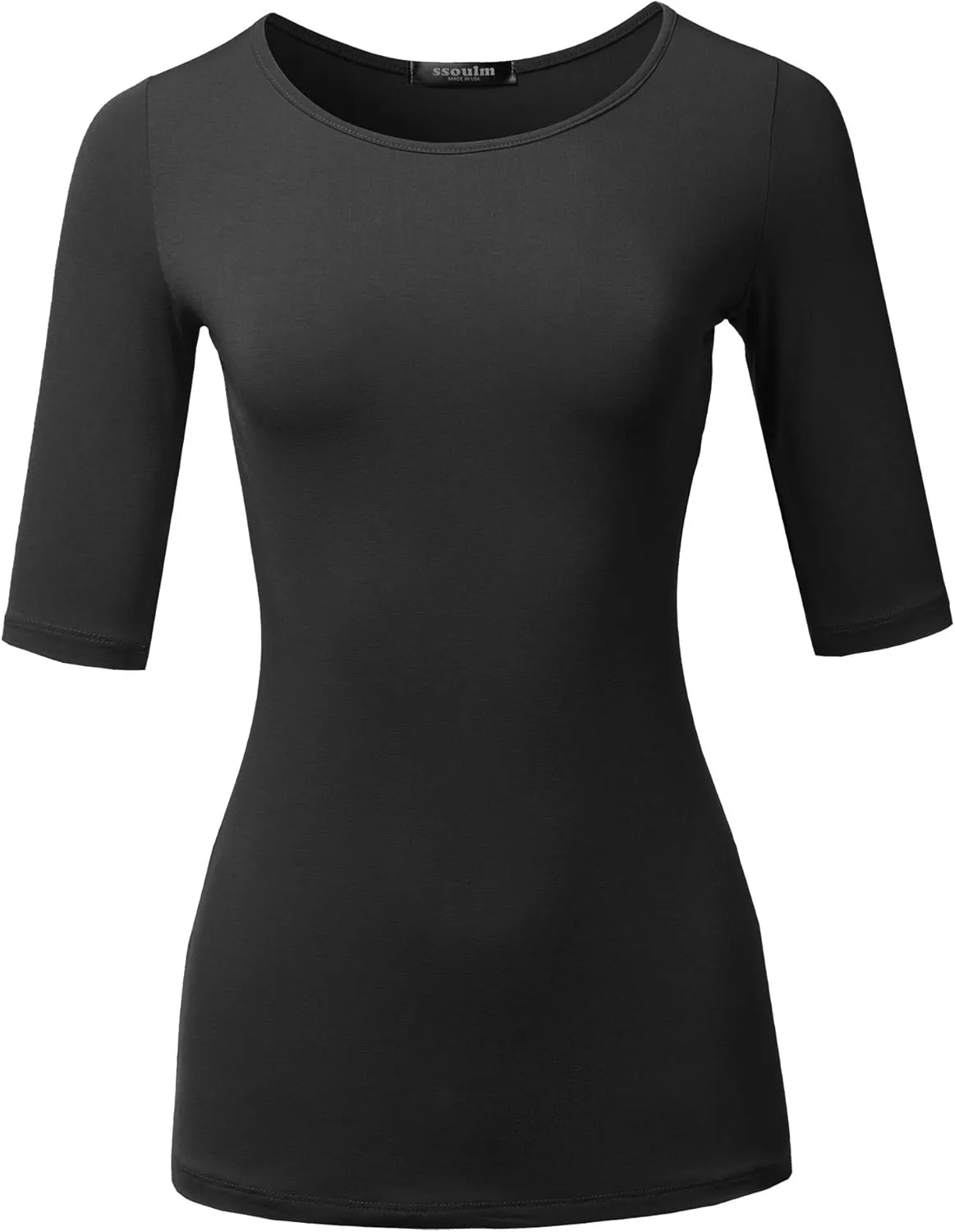 SSOULM Women's Basic Stretchy 1/2 Sleeve Crewneck Slim Fit T-Shirt Top with Plus Size