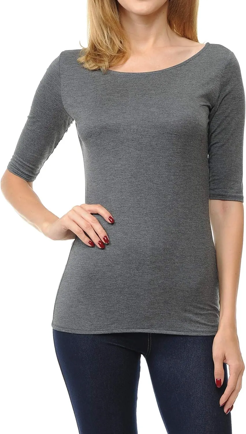 SSOULM Women's Basic Stretchy 1/2 Sleeve Crewneck Slim Fit T-Shirt Top with Plus Size