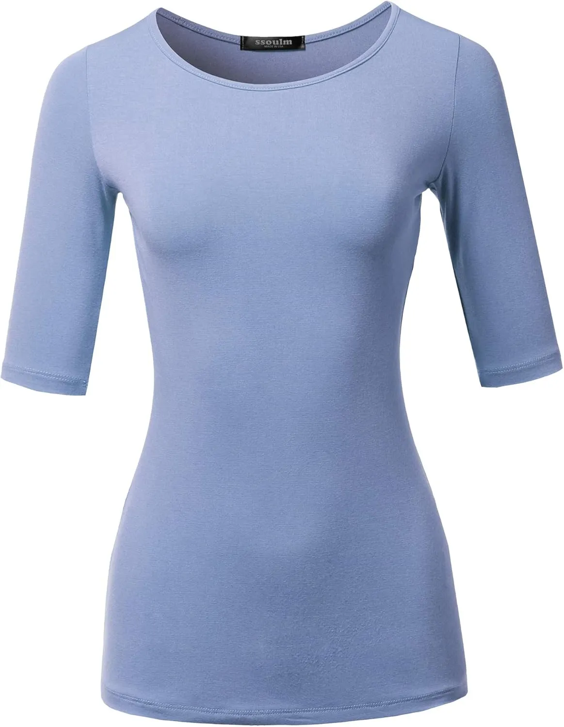 SSOULM Women's Basic Stretchy 1/2 Sleeve Crewneck Slim Fit T-Shirt Top with Plus Size