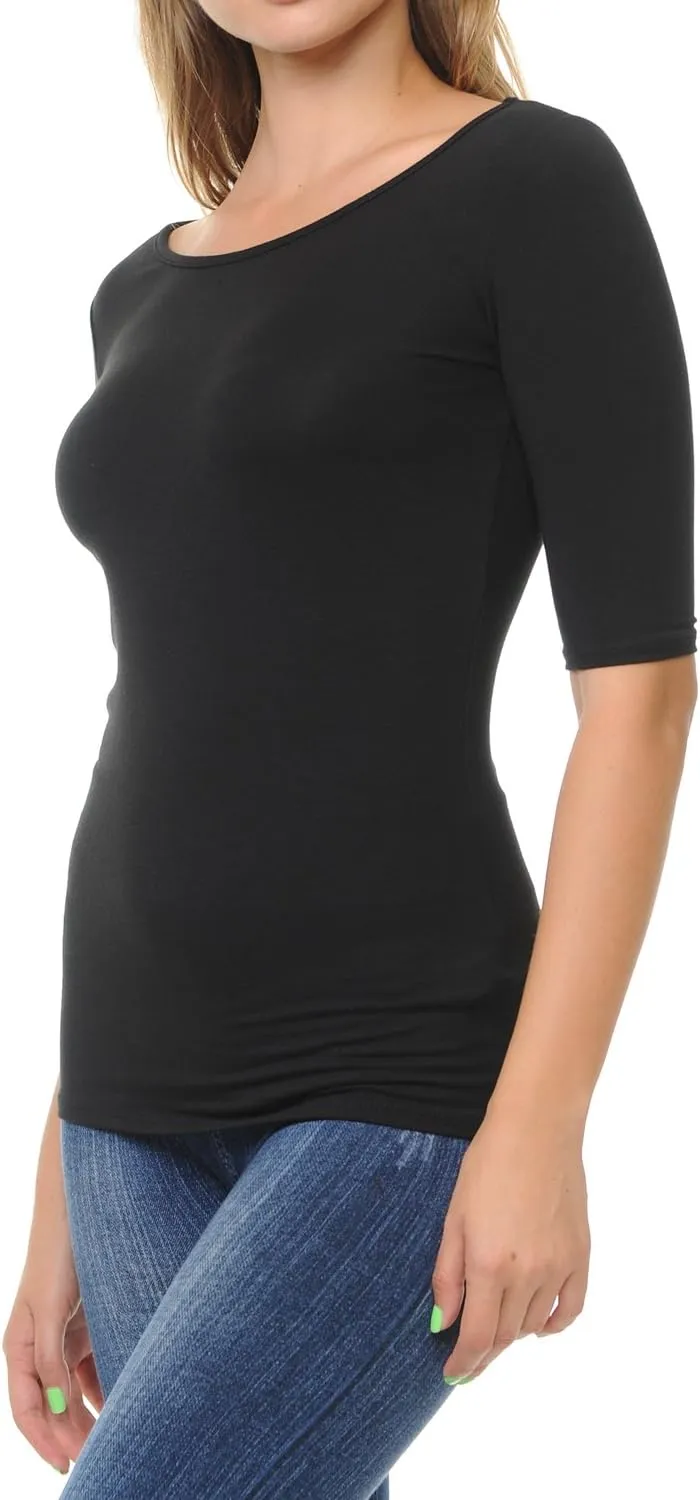 SSOULM Women's Basic Stretchy 1/2 Sleeve Crewneck Slim Fit T-Shirt Top with Plus Size