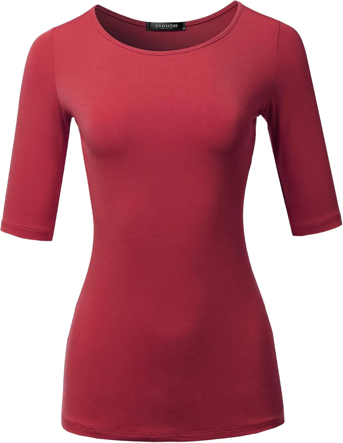SSOULM Women's Basic Stretchy 1/2 Sleeve Crewneck Slim Fit T-Shirt Top with Plus Size