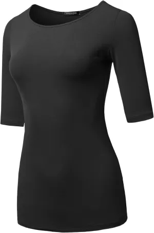 SSOULM Women's Basic Stretchy 1/2 Sleeve Crewneck Slim Fit T-Shirt Top with Plus Size