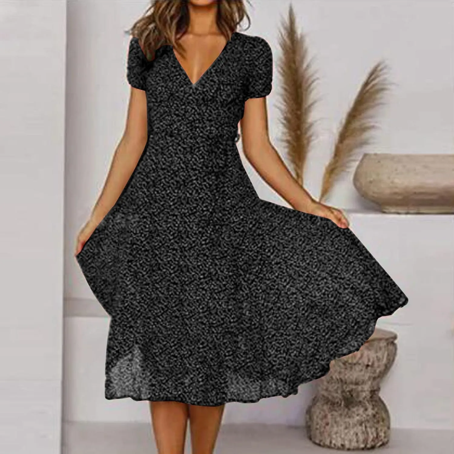 Summer Dresses for Women 2025 Plus Size Short Sleeve V Neck Polka Dot Print Midi Dress Casual Boho Beach Sundresses