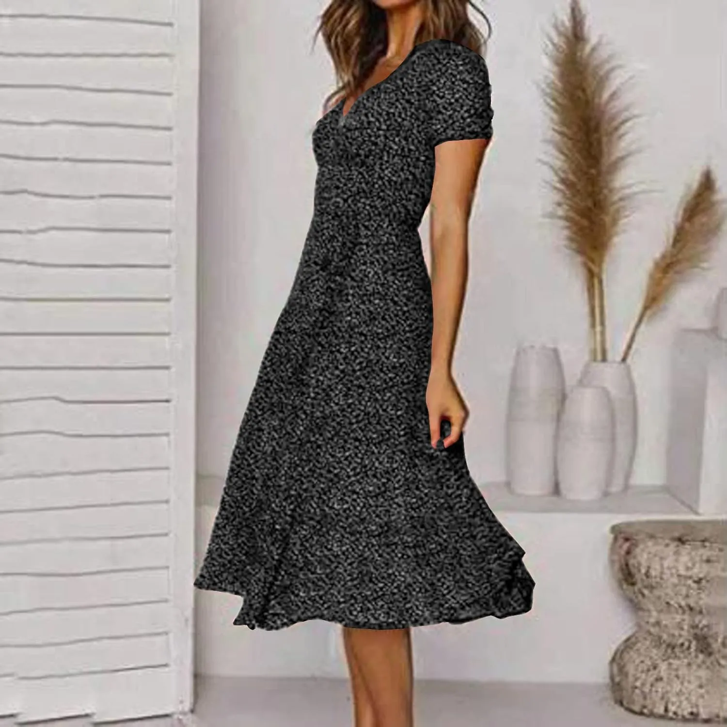 Summer Dresses for Women 2025 Plus Size Short Sleeve V Neck Polka Dot Print Midi Dress Casual Boho Beach Sundresses