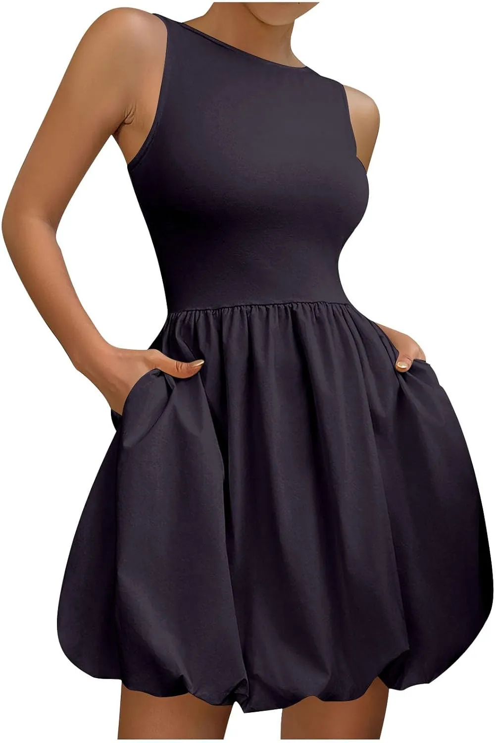 Summer Dresses Women 2025 Casual Sleeveless Tank Mini Short Dress Crew Neck Bubble Sundress Beach Wedding Guest Dress