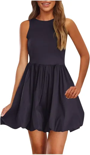 Summer Dresses Women 2025 Casual Sleeveless Tank Mini Short Dress Crew Neck Bubble Sundress Beach Wedding Guest Dress