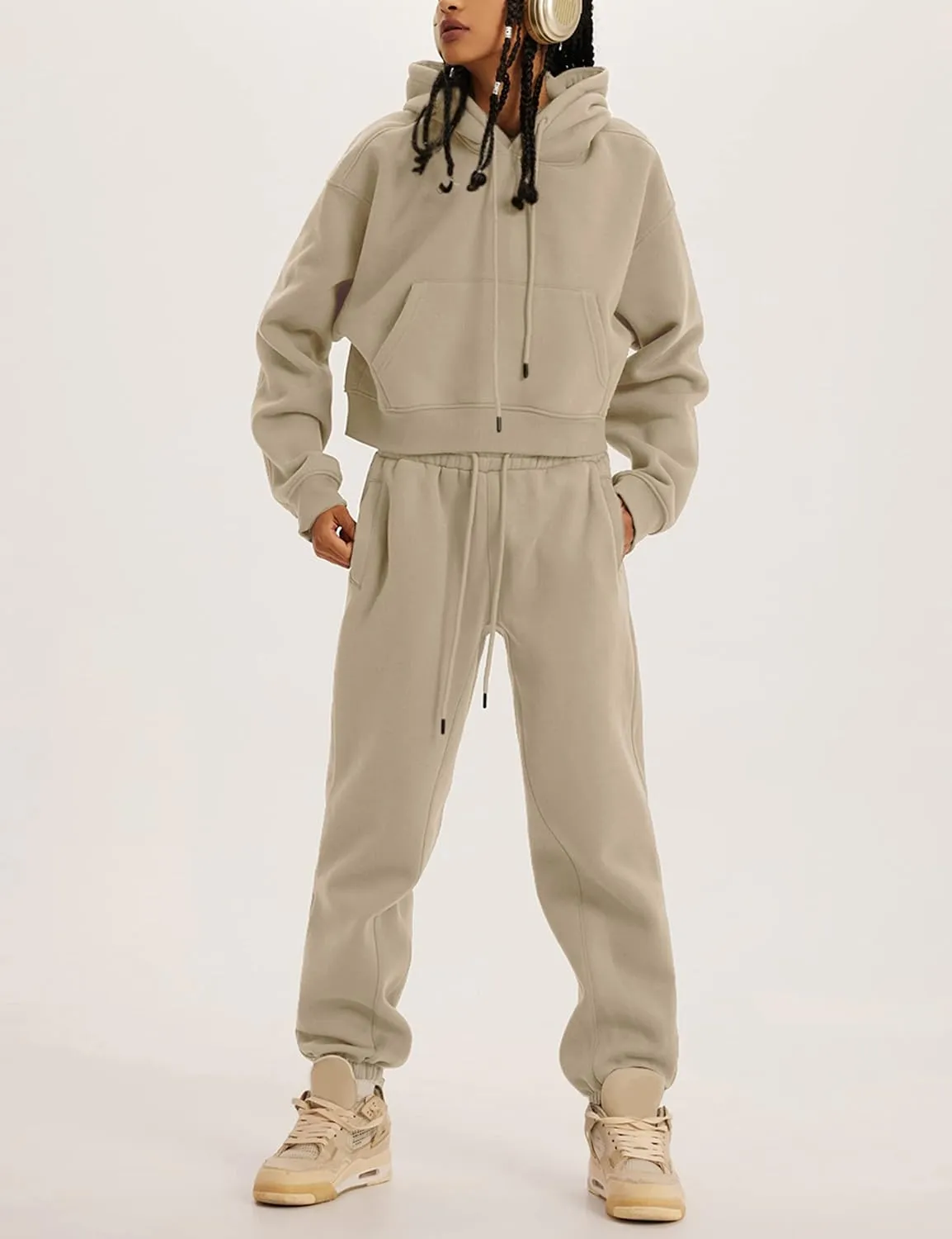 Sweatsuits for Women 2 Piece Set Crop Fleece Lining Hoodies Jogger Sweatpants Sweat Suits