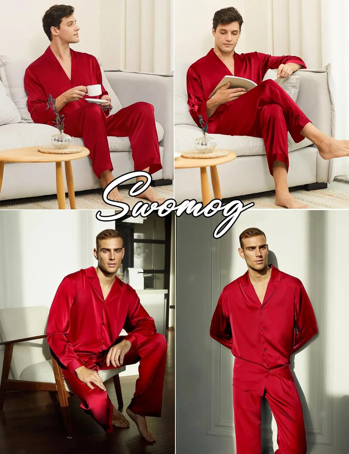 SWOMOG Couples Matching Pajamas Sets christmas pjs for family Silk Satin Long Sleeve Sleepwear Soft Button Down Pjs Set S-XXL