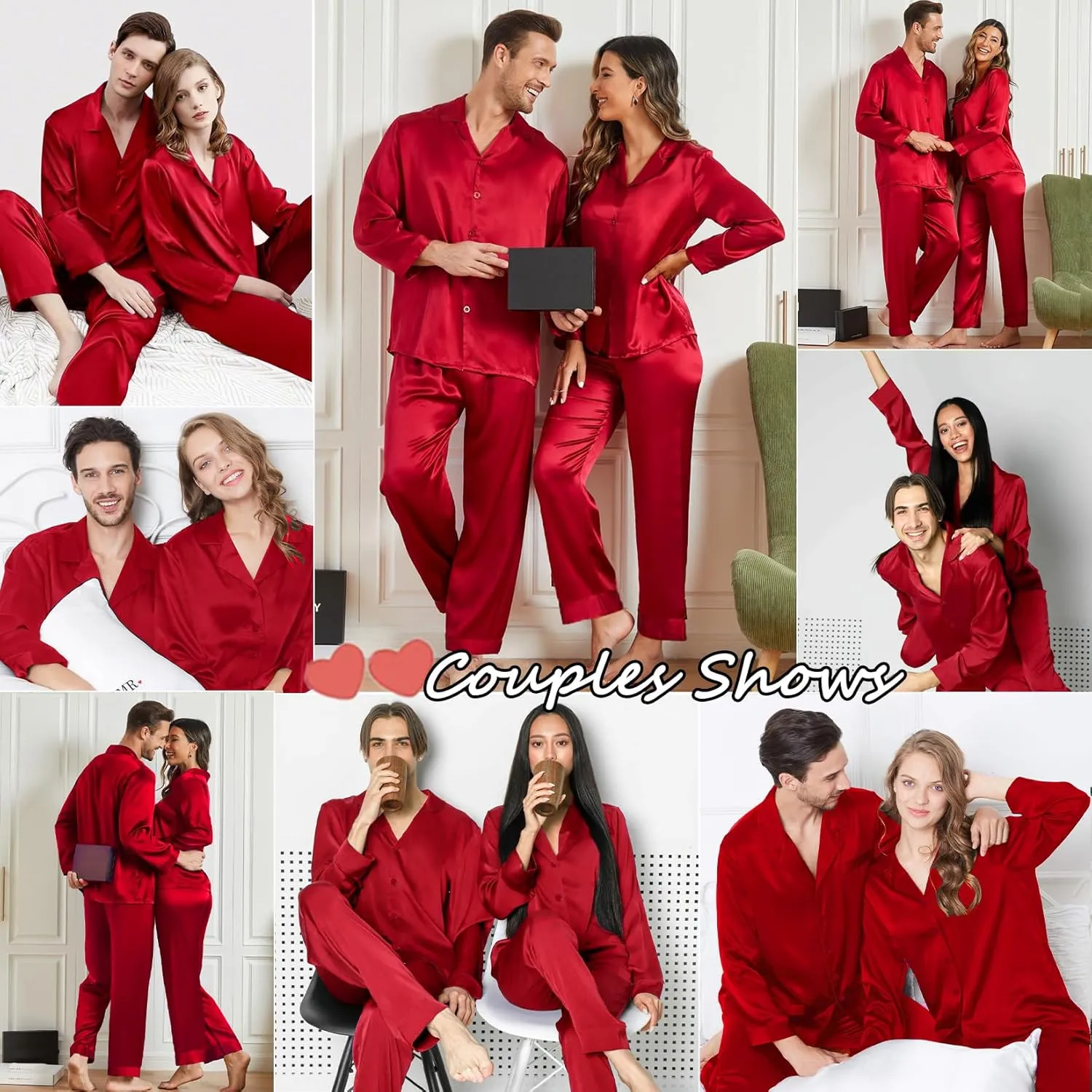 SWOMOG Couples Matching Pajamas Sets christmas pjs for family Silk Satin Long Sleeve Sleepwear Soft Button Down Pjs Set S-XXL