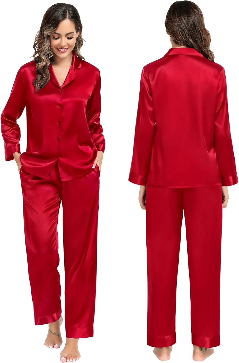 SWOMOG Couples Matching Pajamas Sets christmas pjs for family Silk Satin Long Sleeve Sleepwear Soft Button Down Pjs Set S-XXL
