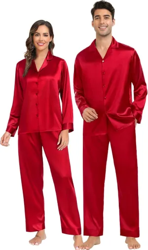 SWOMOG Couples Matching Pajamas Sets christmas pjs for family Silk Satin Long Sleeve Sleepwear Soft Button Down Pjs Set S-XXL