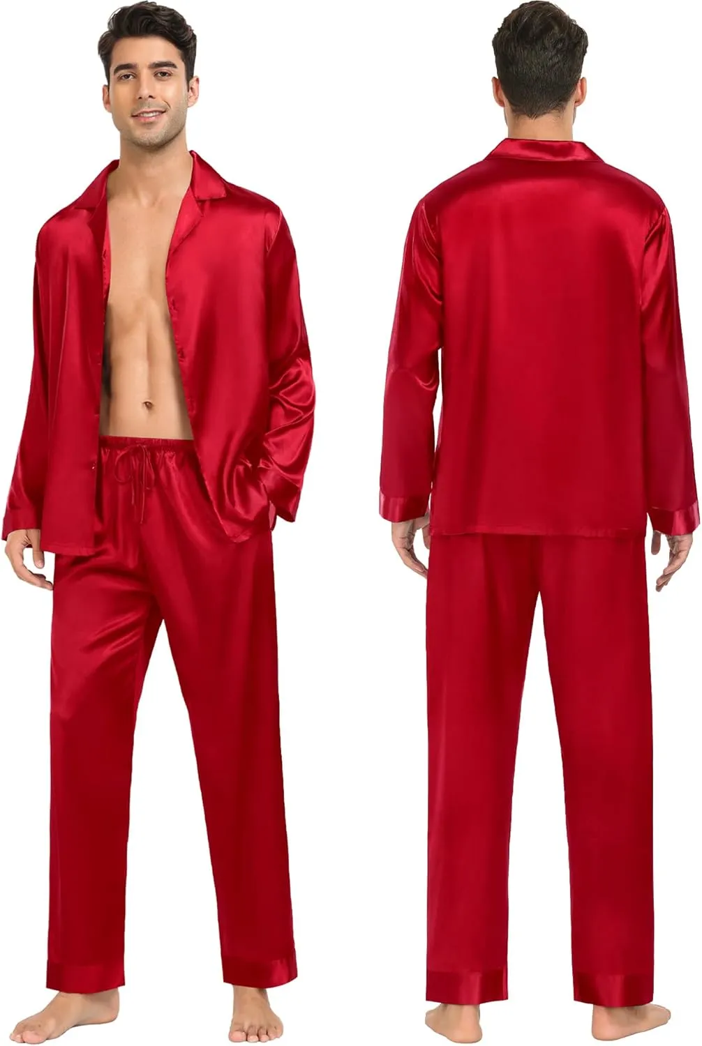 SWOMOG Couples Matching Pajamas Sets christmas pjs for family Silk Satin Long Sleeve Sleepwear Soft Button Down Pjs Set S-XXL