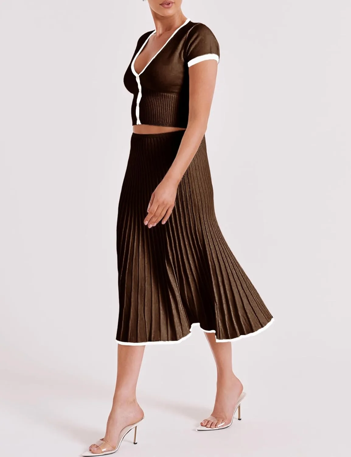 Tanming Women's Two Piece Skirt Set Casual Short Sleeve Crop Top Ribbed Knit Midi Pleated Skirt