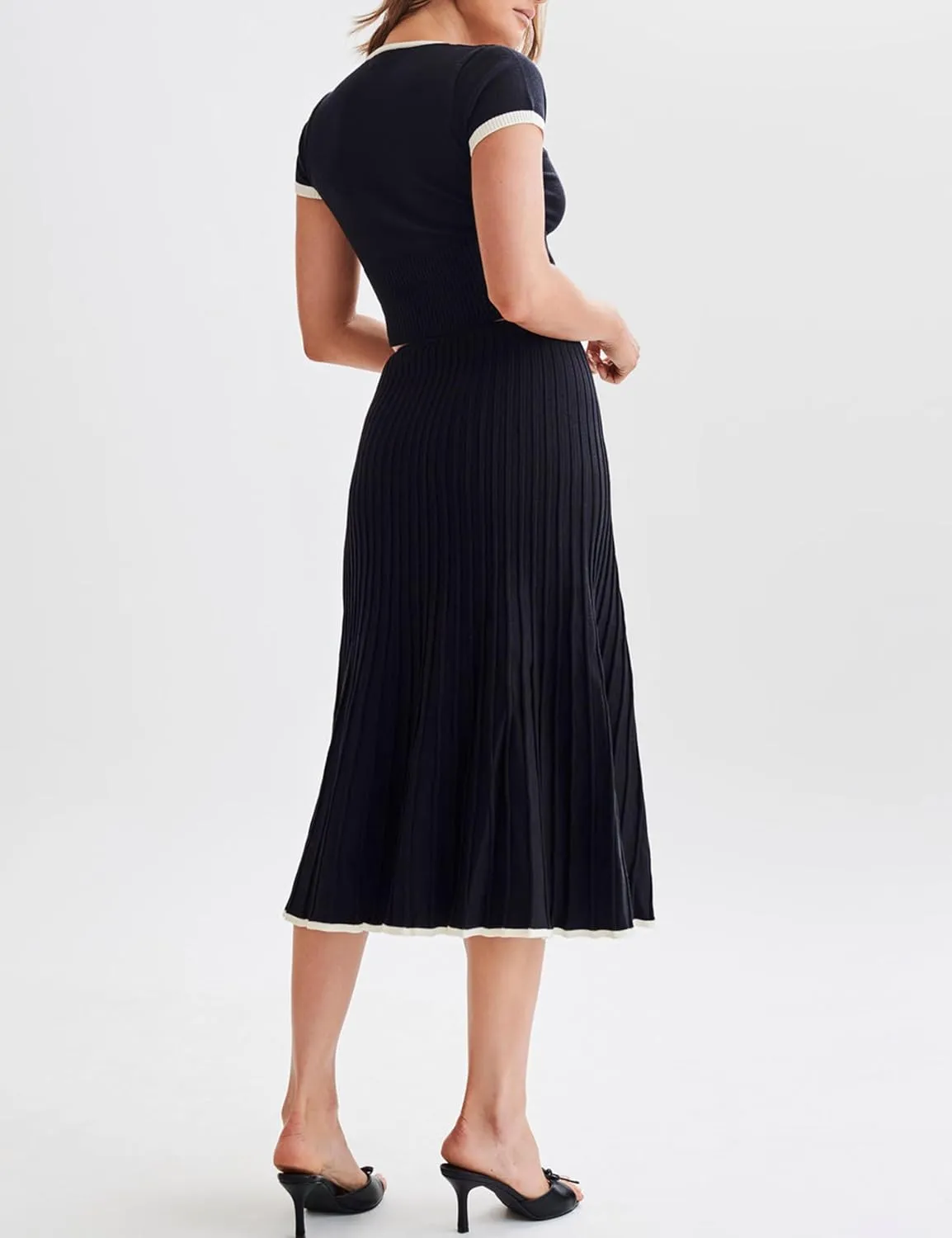 Tanming Women's Two Piece Skirt Set Casual Short Sleeve Crop Top Ribbed Knit Midi Pleated Skirt