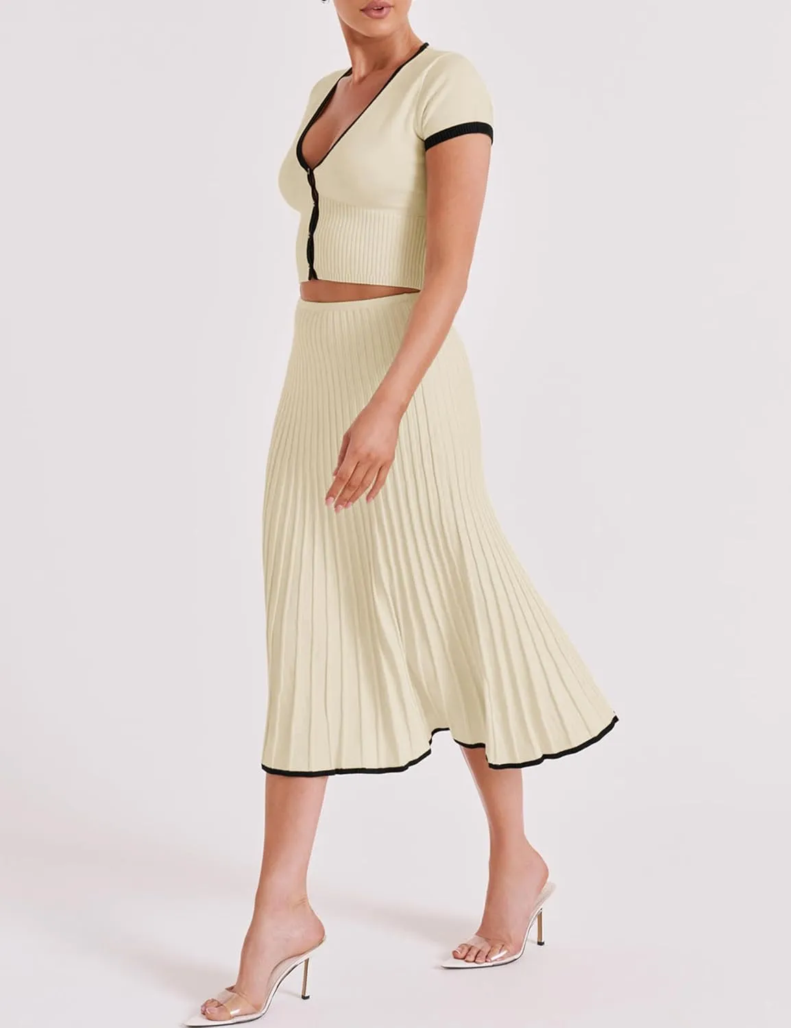 Tanming Women's Two Piece Skirt Set Casual Short Sleeve Crop Top Ribbed Knit Midi Pleated Skirt