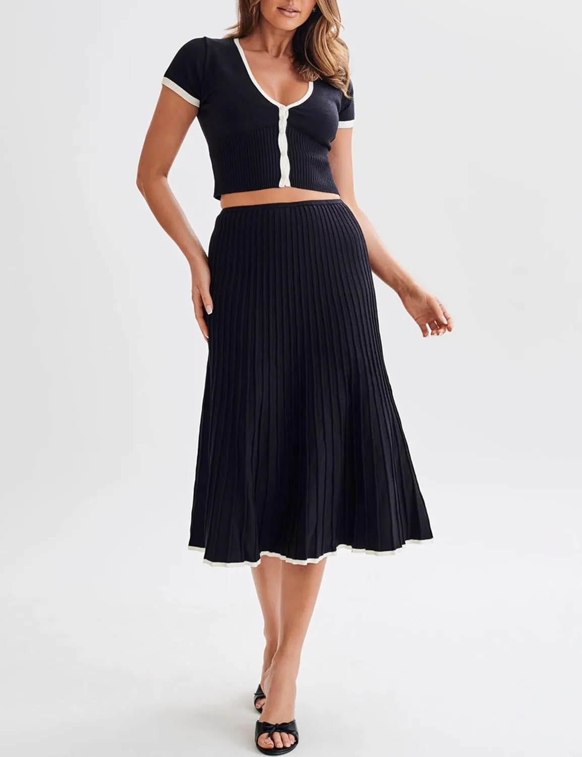 Tanming Women's Two Piece Skirt Set Casual Short Sleeve Crop Top Ribbed Knit Midi Pleated Skirt