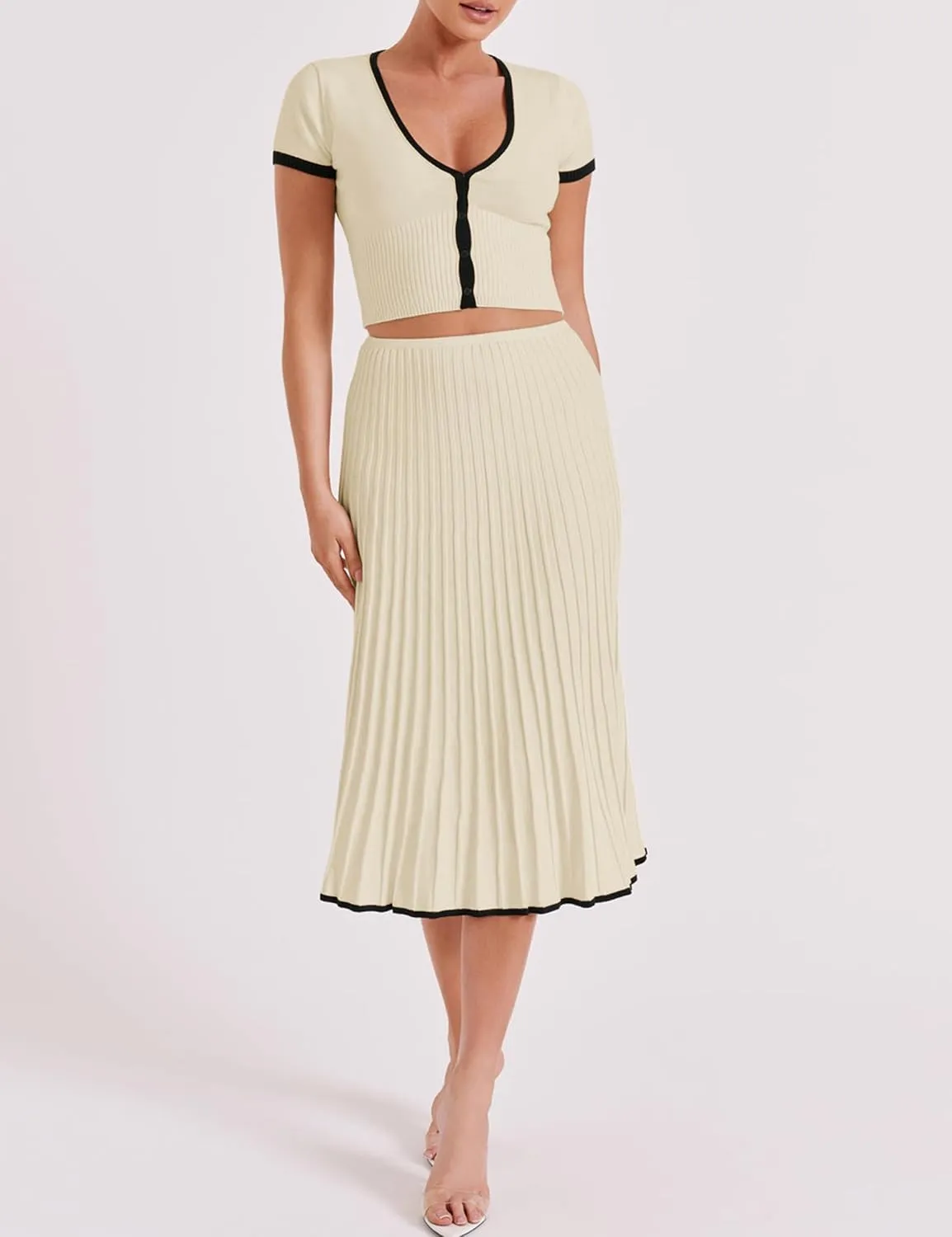 Tanming Women's Two Piece Skirt Set Casual Short Sleeve Crop Top Ribbed Knit Midi Pleated Skirt