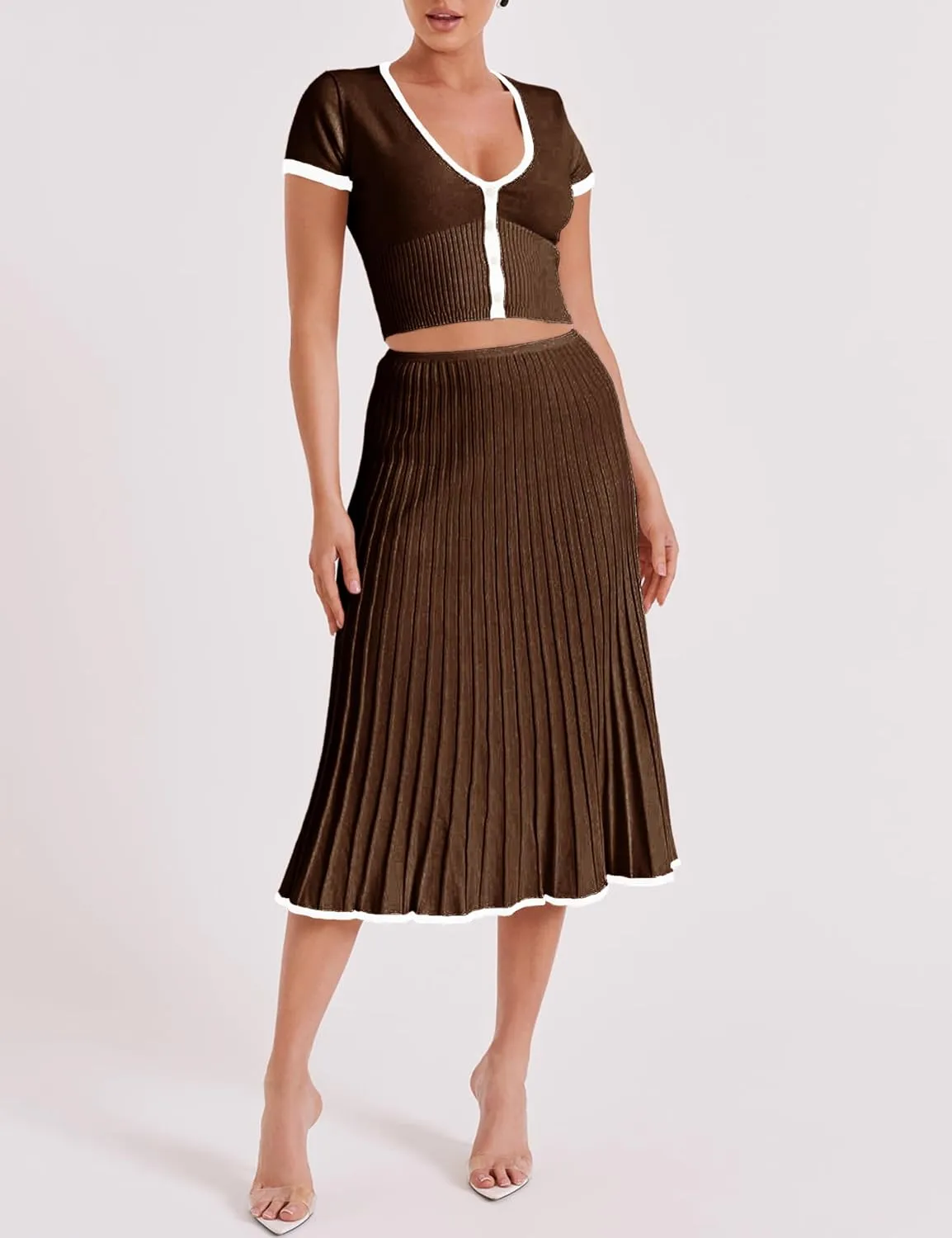 Tanming Women's Two Piece Skirt Set Casual Short Sleeve Crop Top Ribbed Knit Midi Pleated Skirt