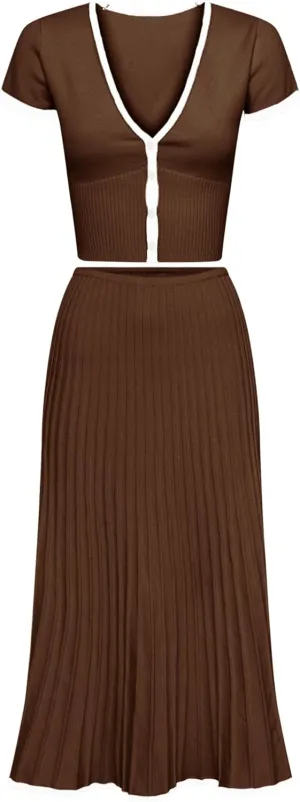 Tanming Women's Two Piece Skirt Set Casual Short Sleeve Crop Top Ribbed Knit Midi Pleated Skirt