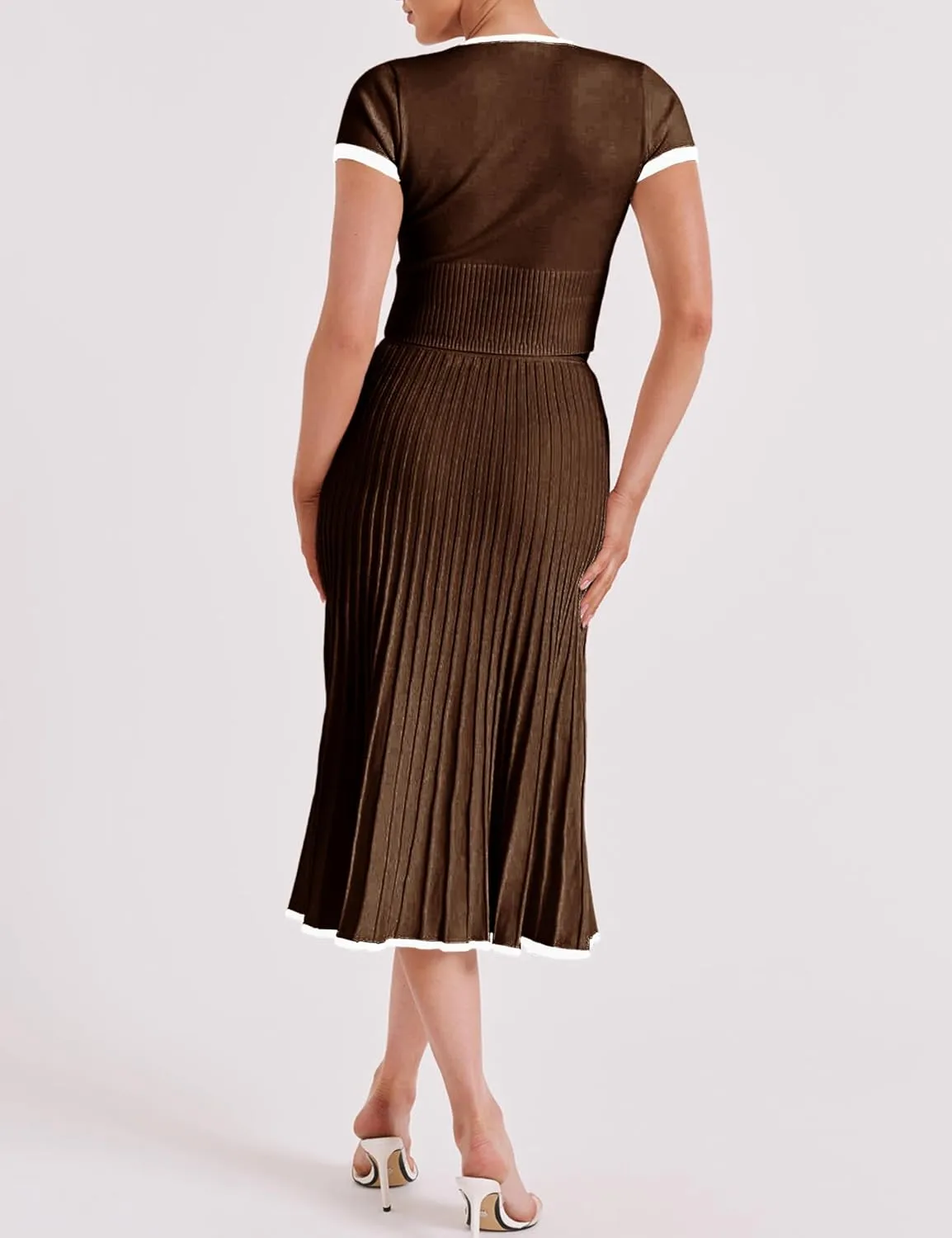 Tanming Women's Two Piece Skirt Set Casual Short Sleeve Crop Top Ribbed Knit Midi Pleated Skirt