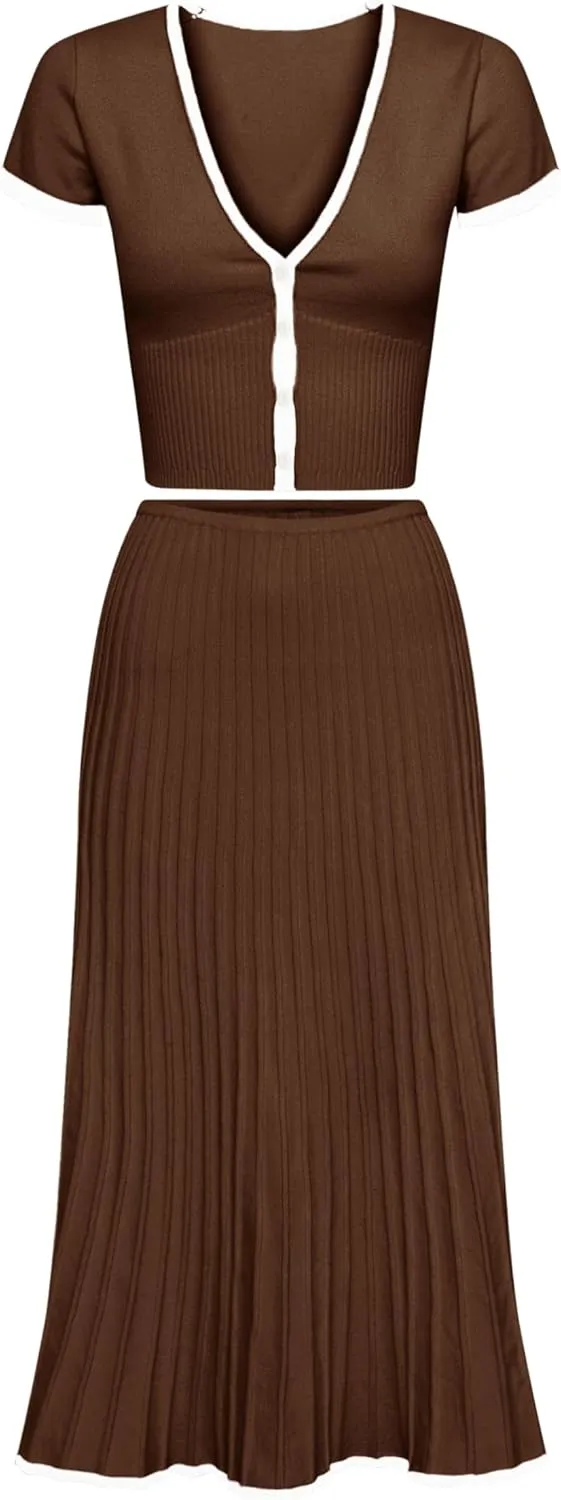 Tanming Women's Two Piece Skirt Set Casual Short Sleeve Crop Top Ribbed Knit Midi Pleated Skirt