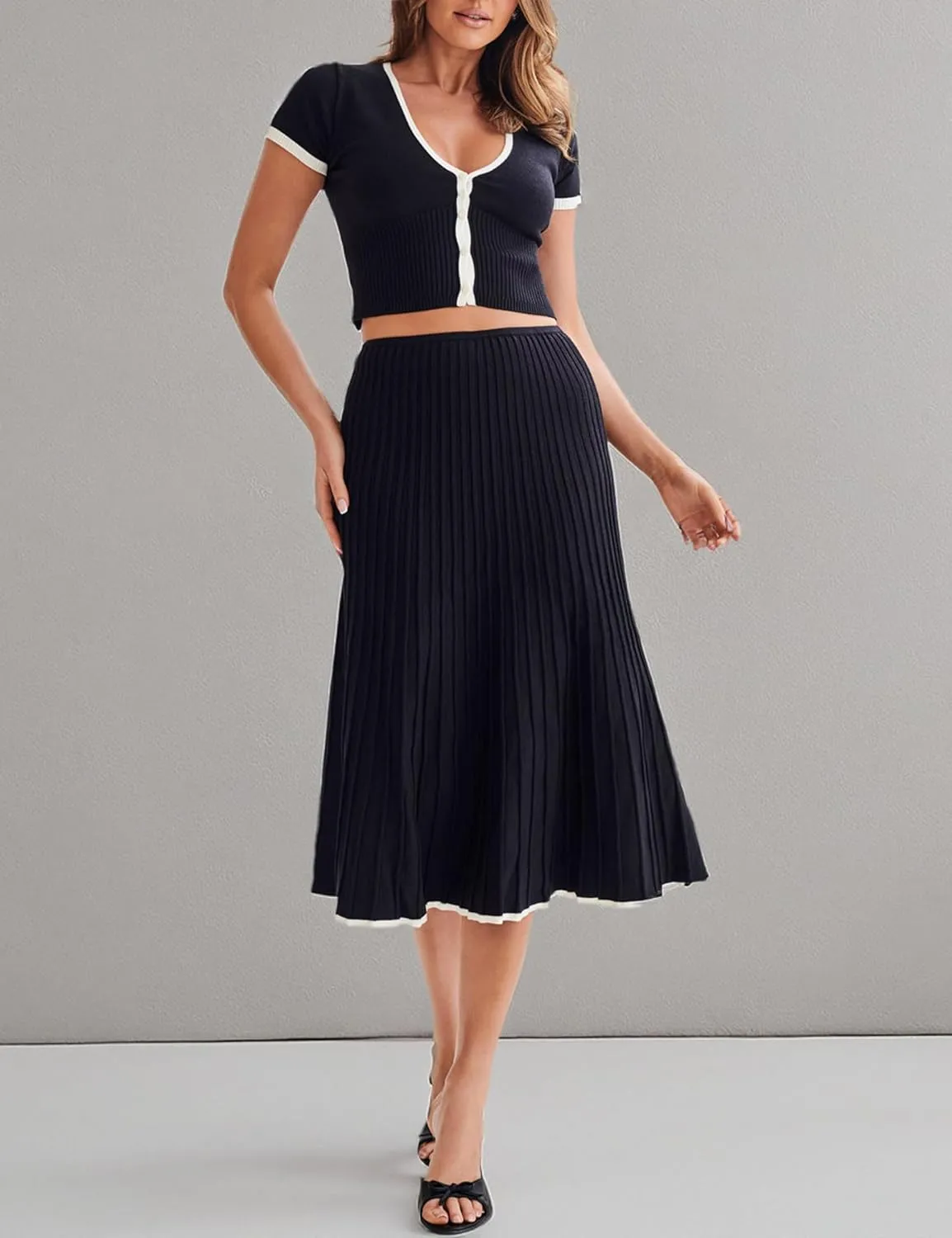 Tanming Women's Two Piece Skirt Set Casual Short Sleeve Crop Top Ribbed Knit Midi Pleated Skirt