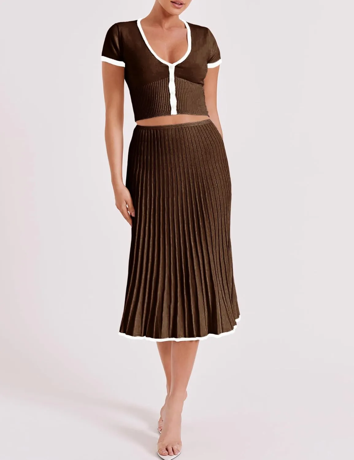 Tanming Women's Two Piece Skirt Set Casual Short Sleeve Crop Top Ribbed Knit Midi Pleated Skirt