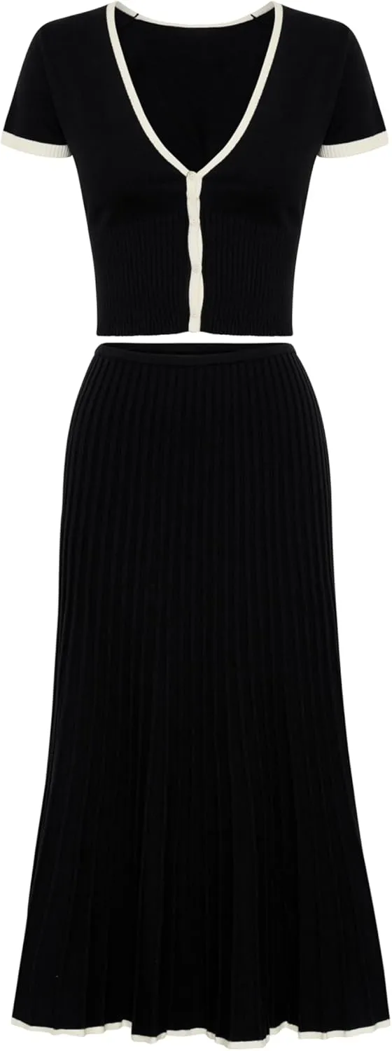 Tanming Women's Two Piece Skirt Set Casual Short Sleeve Crop Top Ribbed Knit Midi Pleated Skirt