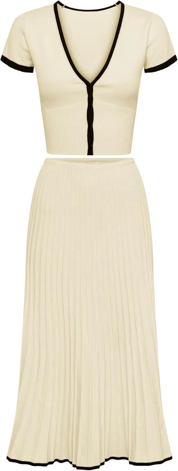Tanming Women's Two Piece Skirt Set Casual Short Sleeve Crop Top Ribbed Knit Midi Pleated Skirt