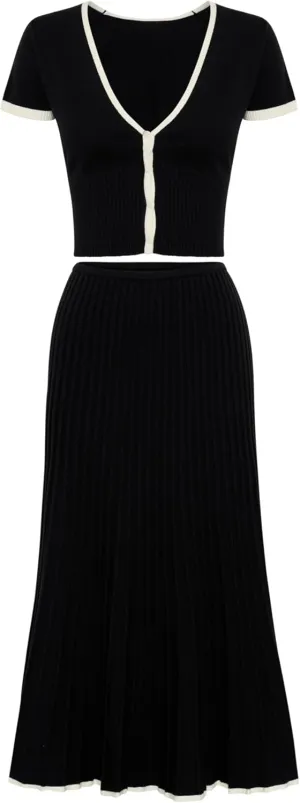 Tanming Women's Two Piece Skirt Set Casual Short Sleeve Crop Top Ribbed Knit Midi Pleated Skirt