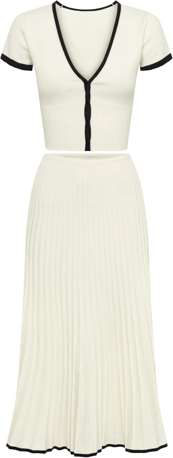 Tanming Women's Two Piece Skirt Set Casual Short Sleeve Crop Top Ribbed Knit Midi Pleated Skirt