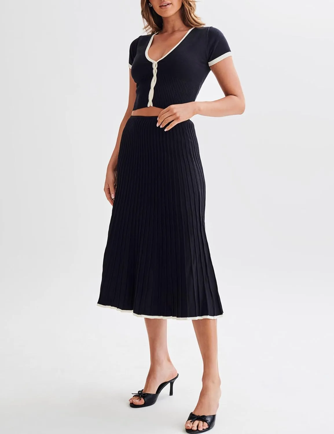 Tanming Women's Two Piece Skirt Set Casual Short Sleeve Crop Top Ribbed Knit Midi Pleated Skirt