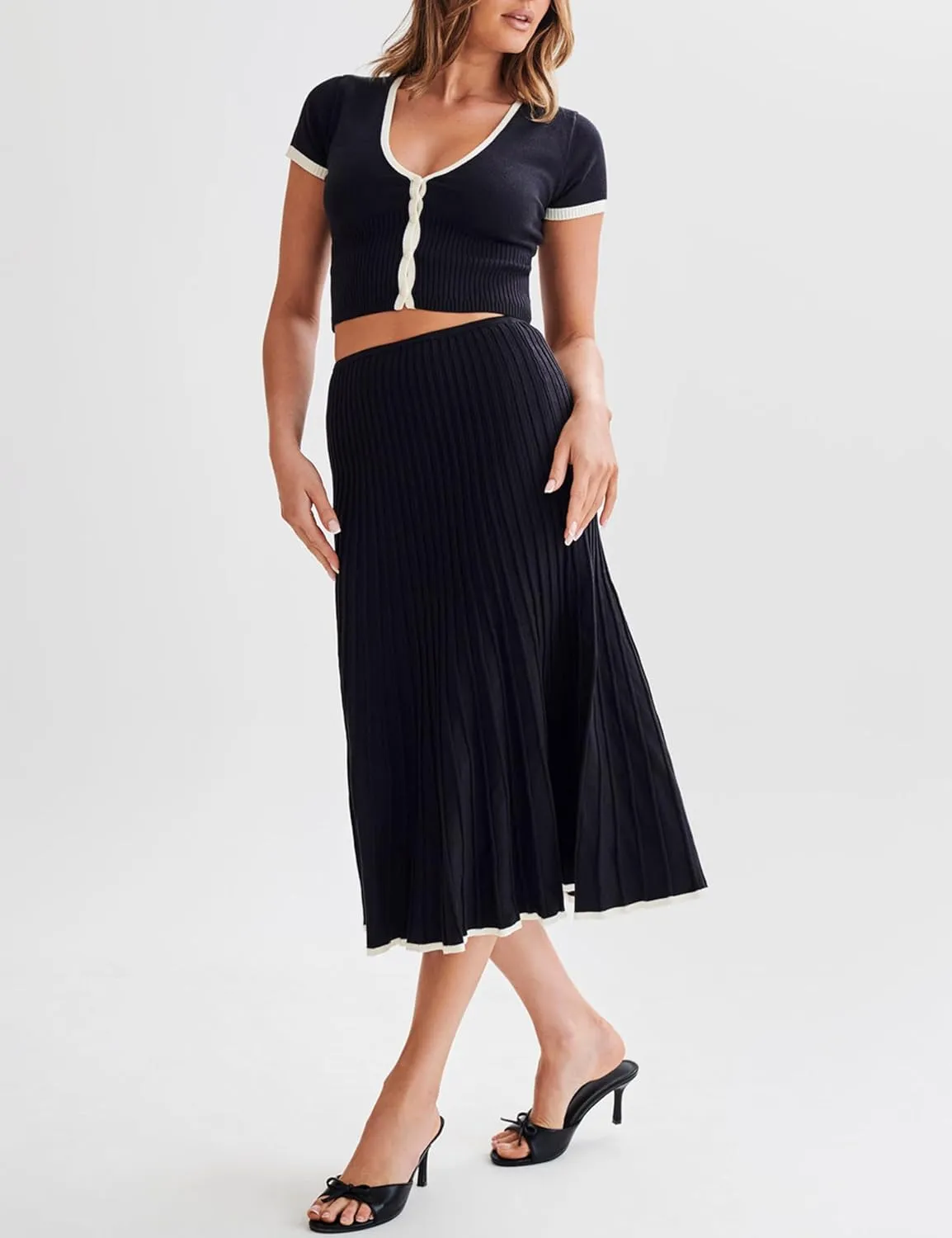 Tanming Women's Two Piece Skirt Set Casual Short Sleeve Crop Top Ribbed Knit Midi Pleated Skirt