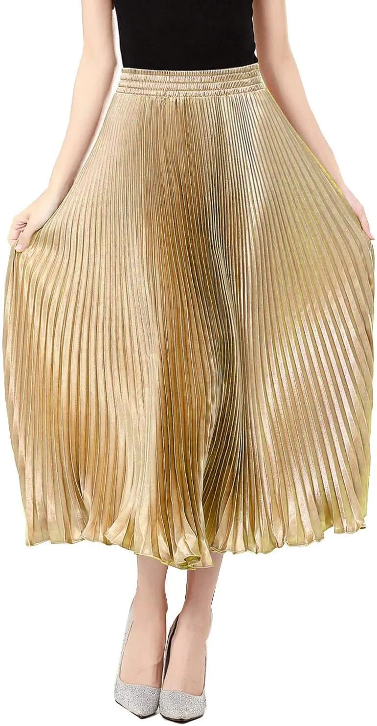 TONCHENGSD Women's Satin Metallic Pleated Accordion Long Maxi Skirt