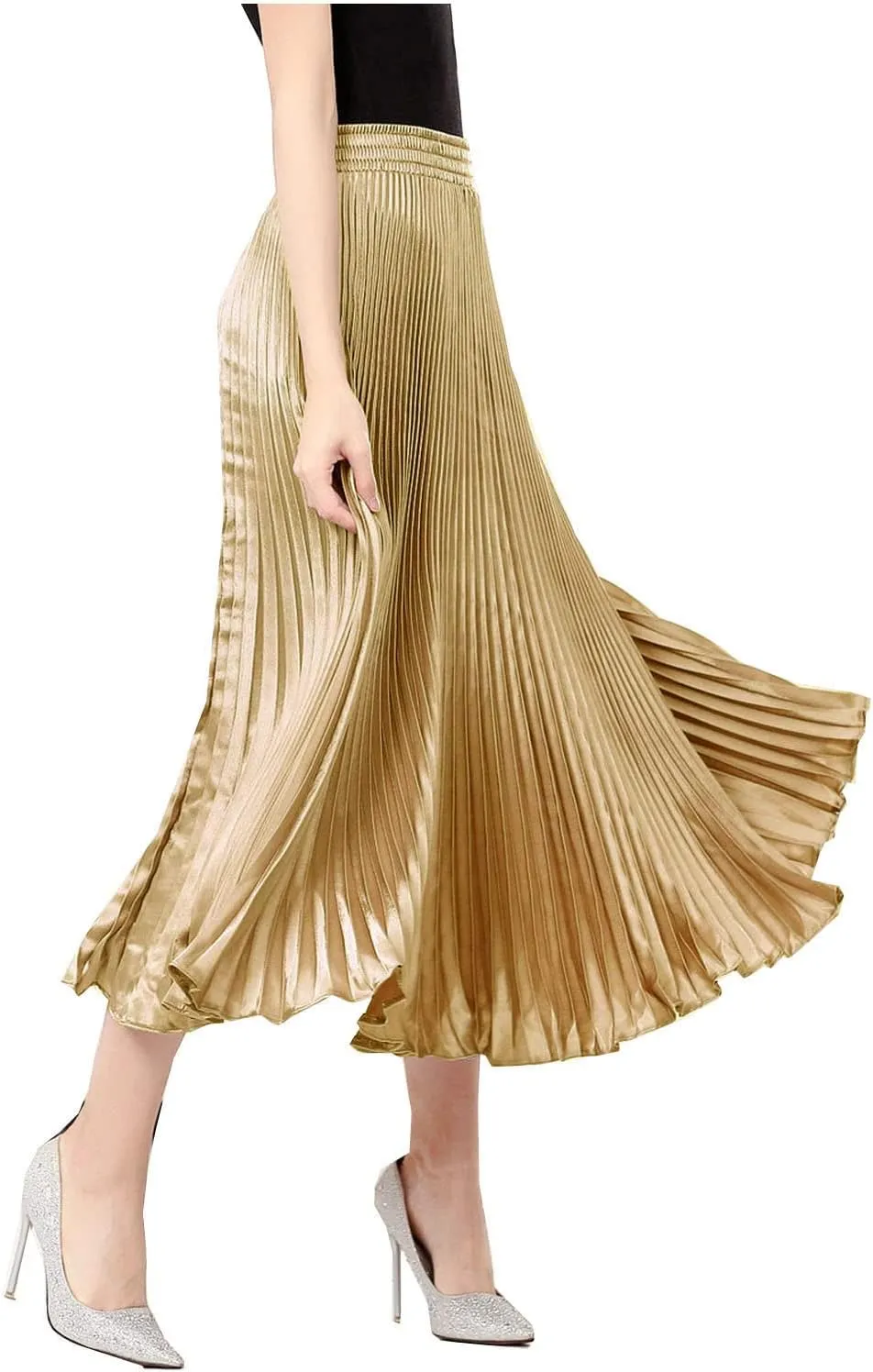 TONCHENGSD Women's Satin Metallic Pleated Accordion Long Maxi Skirt